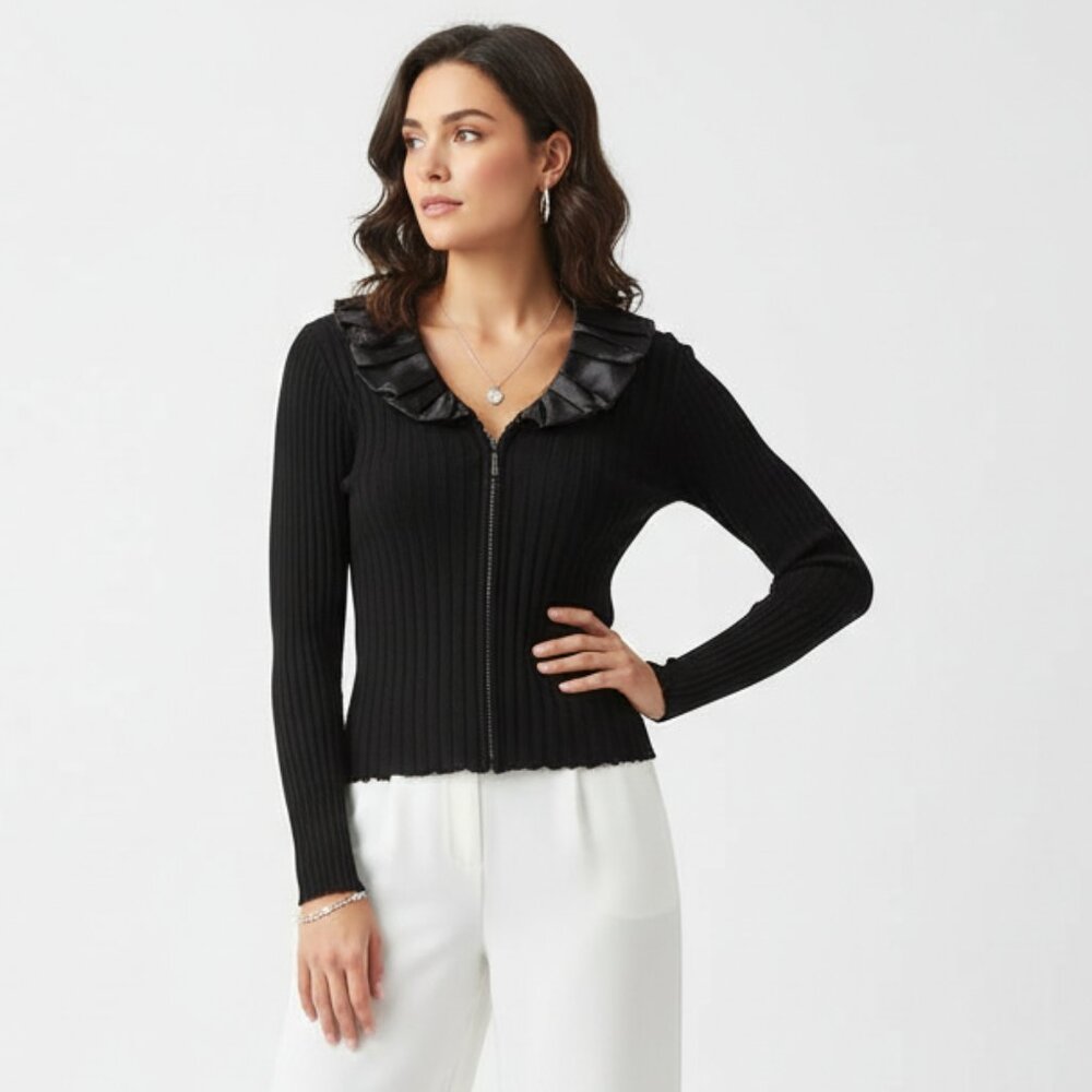 Belldini Black Ribbed Zip Up Satin Collar Blouse Sweater Top L